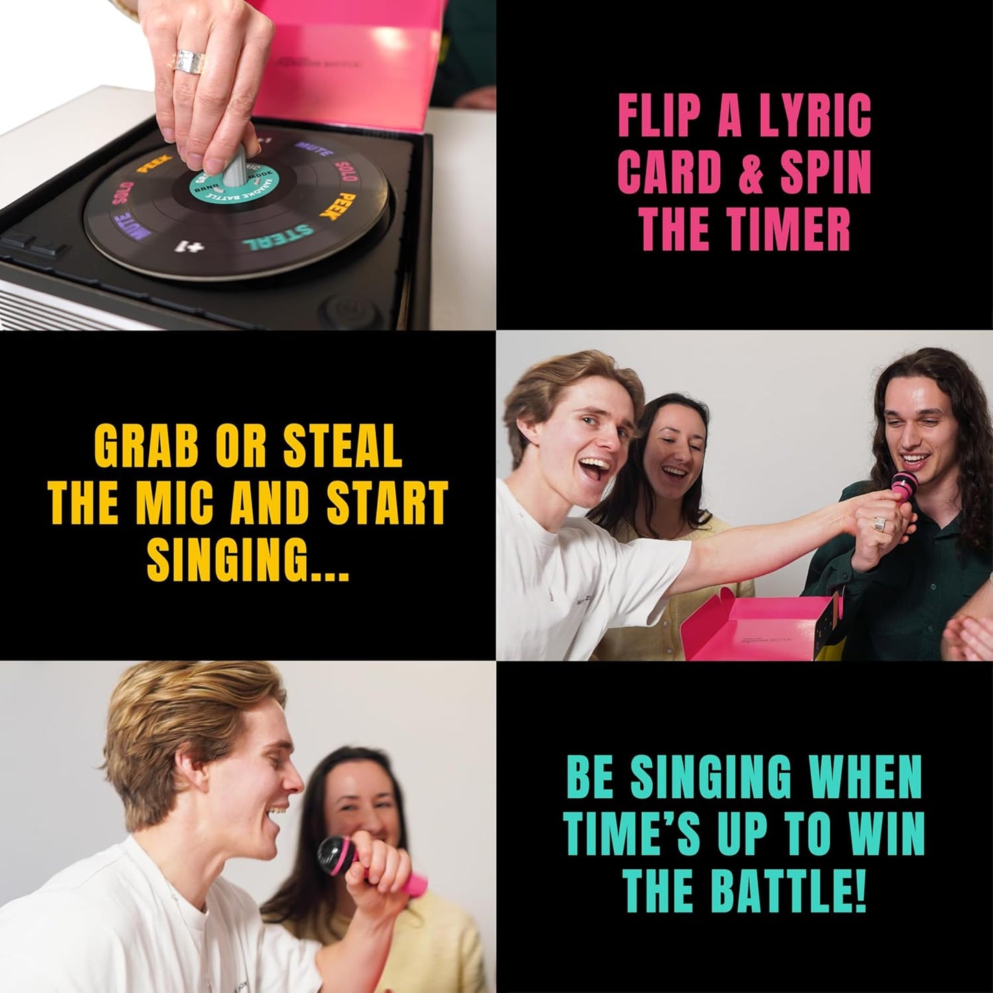 Lucky Egg Official Grab The Mic – Family Karaoke Board Game w/Foam Mic, 8+ Ages, 2-10 Players - Games for Bad Singers w/ 230 Lyrics (115 Cards)