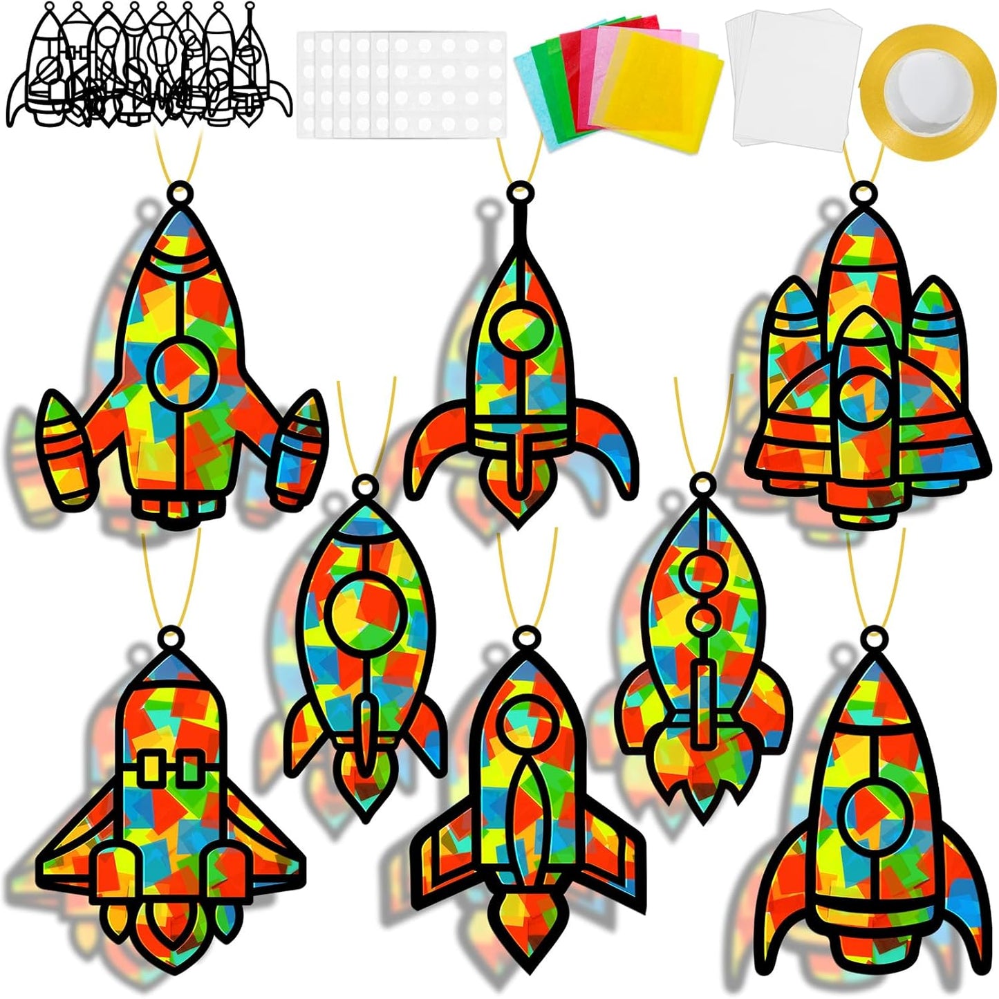 QOUBAI 32 Sets Stars Suncatchers Craft Back to School DIY Stained Glass Window Patriotic 4th of July Paper Craft Home School Classroom Decor Kid Birthday Gift Creative Art Activity Game - Colors A