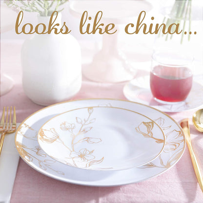PLASTICPRO [16 OZ 20 Count] White Plastic Floral Design Party Soup bowls With Gold Rim Premium heavyweight Elegant Disposable Tableware Dishes