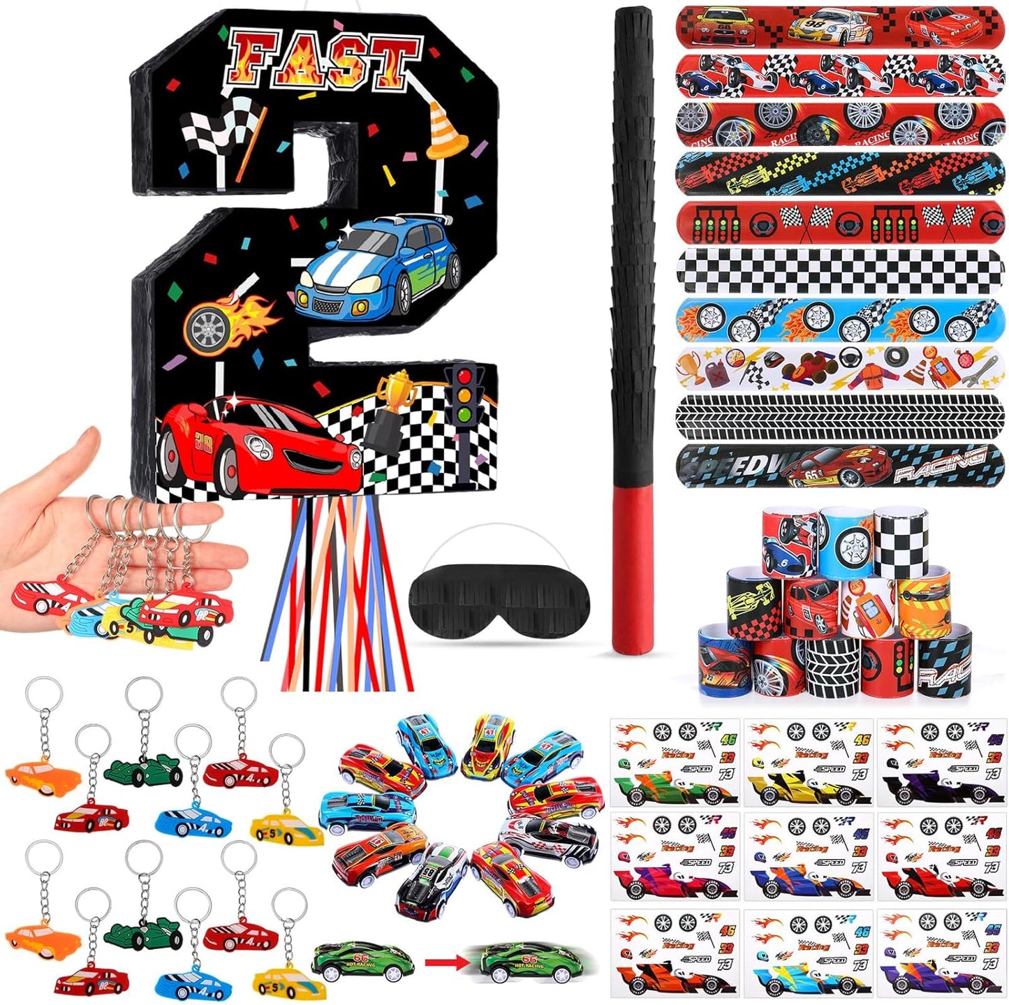 Pasimy Number 3 Piñata Race Car Party Favors Set with Black Red Birthday Piñata Stick Blindfold Slap Bracelet Keychain Sticker Racecar Party Gifts Birthday Decorations Goodie Bag Stuffer Supplies
