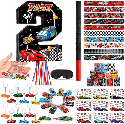 Pasimy Number 3 Piñata Race Car Party Favors Set with Black Red Birthday Piñata Stick Blindfold Slap Bracelet Keychain Sticker Racecar Party Gifts Birthday Decorations Goodie Bag Stuffer Supplies