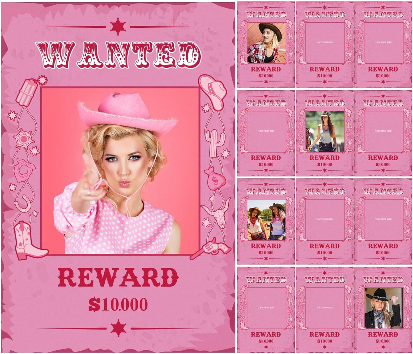12 Pcs Cowgirl Party Decorations Pink Western Photo Booth Wanted Poster Photo Prop Selfie Frame Poster Fabric Banner Cowgirl Decorations for Party Wild West Birthday Decoration Supplies Rustic