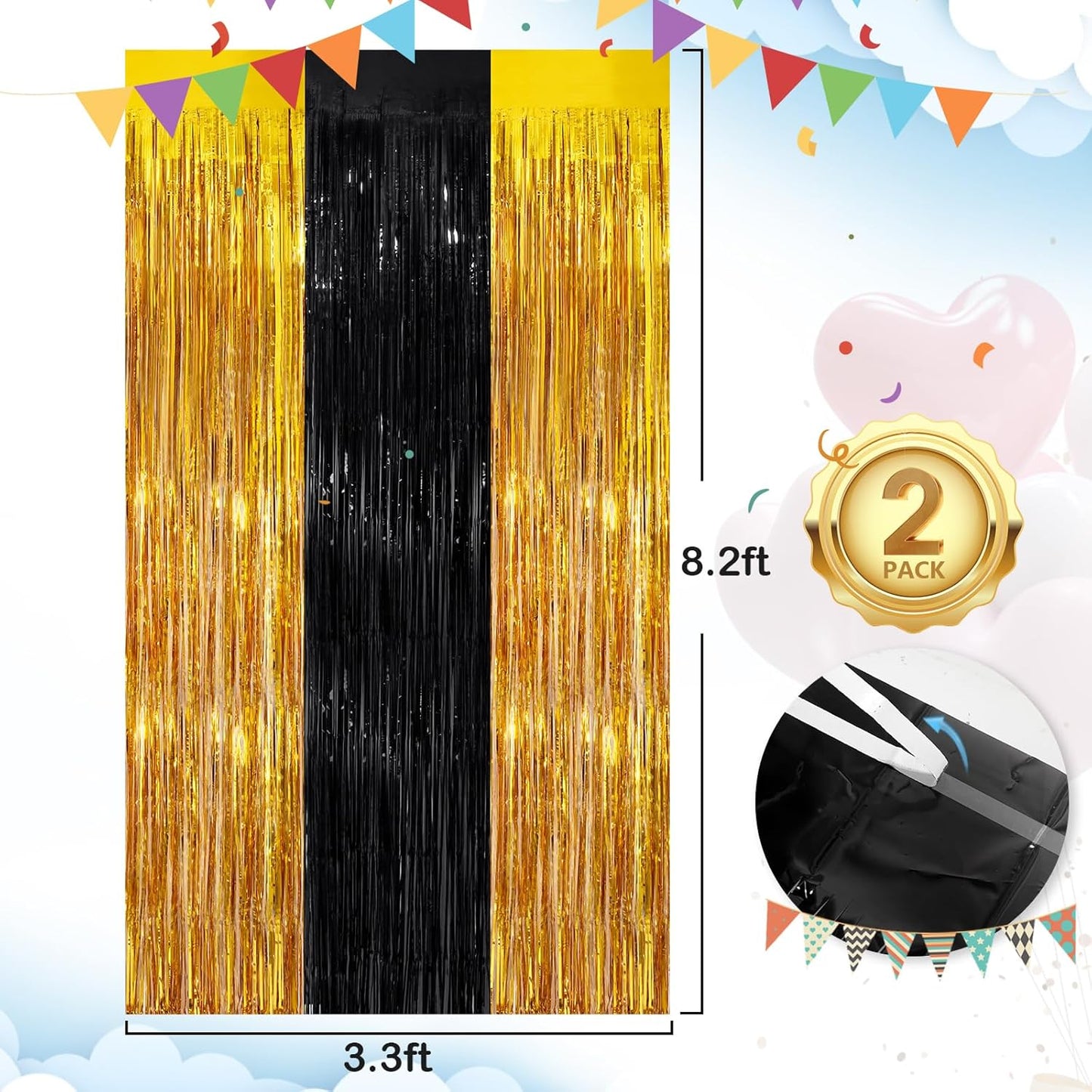 Black Fringe Curtain Party Streamers 2Pack 3.3x8.3 Ft Foil Fringe Backdrop Curtains for Birthday Wedding Bridal Baby Shower Halloween Decor Tinsel Streamers Black Party Decorations Door Streamers