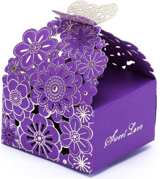 50pcs Laser Cut Butterfly Favor Boxes, 2.6" x 2.6" x 1.6" Floral Gift Box for Bridal Shower Anniversary Wedding Party,Baby Shower,First Communion, Pink
