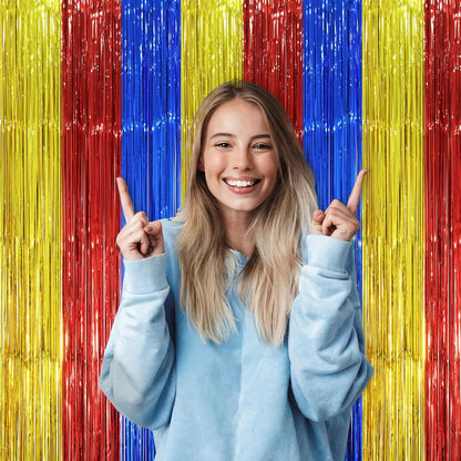 Voircoloria 3 Pack 3.3x8.2 Feet Gold Foil Fringe Backdrop Curtains, Tinsel Streamers, Fringe Backdrop for 2025 New Years Eve, Graduation, Birthday, Baby Shower, Gender Reveal, Disco Party - Colors B
