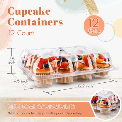 NPLUX 12 Count Cupcake Containers 12 Pack Cupcake Holders with Detachable Tall Dome Lids Clear Plastic Stackable Cupcake Boxes for 144 Cupcakes, BPA Free, Standard Size