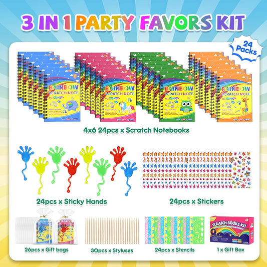 JMMICO 24*3 Pack Scratch Art Notebook+Sticky Hands+Stickers,Party Favors for Kids 4-8-12,Return Gifts for Birthday Party,Goodie Bags Stuffers, End of the Year Gifts for Students