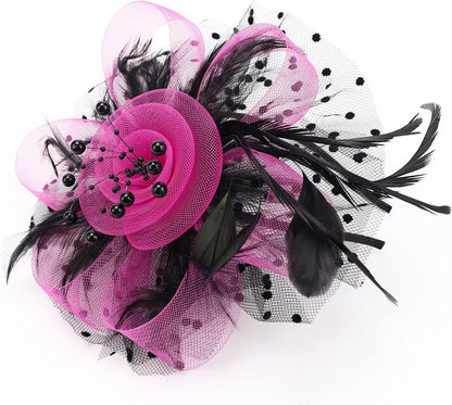 DRESHOW Fascinators Hat Flower Mesh Ribbons Feathers on a Headband and a Clip Tea Party Headwear for Girls and Women - Colors A