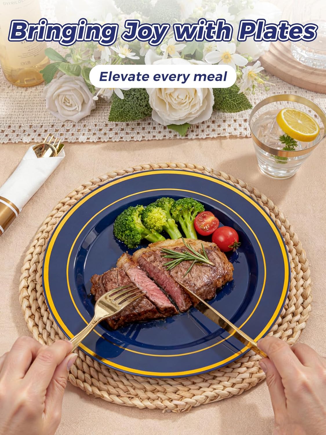 350 Pieces Black and Gold Plastic Plates with Disposable Silverware, Include 50 Dinner Plates 9”, 50 Dessert Plates 6.3”, 50 Black Cups 9 OZ, 50 Pre Rolled Napkins for Wedding Party Graduation