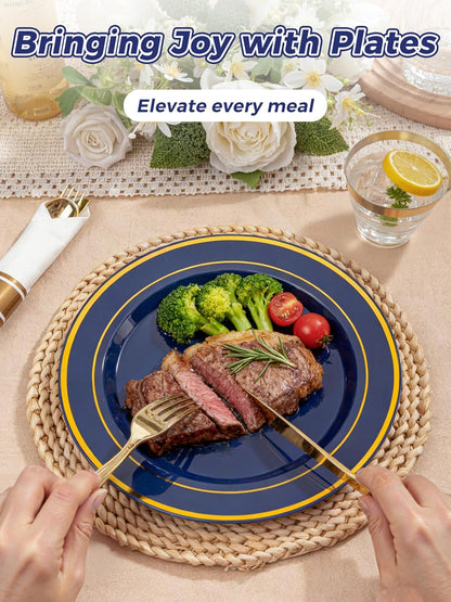 350 Pieces Black and Gold Plastic Plates with Disposable Silverware, Include 50 Dinner Plates 9”, 50 Dessert Plates 6.3”, 50 Black Cups 9 OZ, 50 Pre Rolled Napkins for Wedding Party Graduation