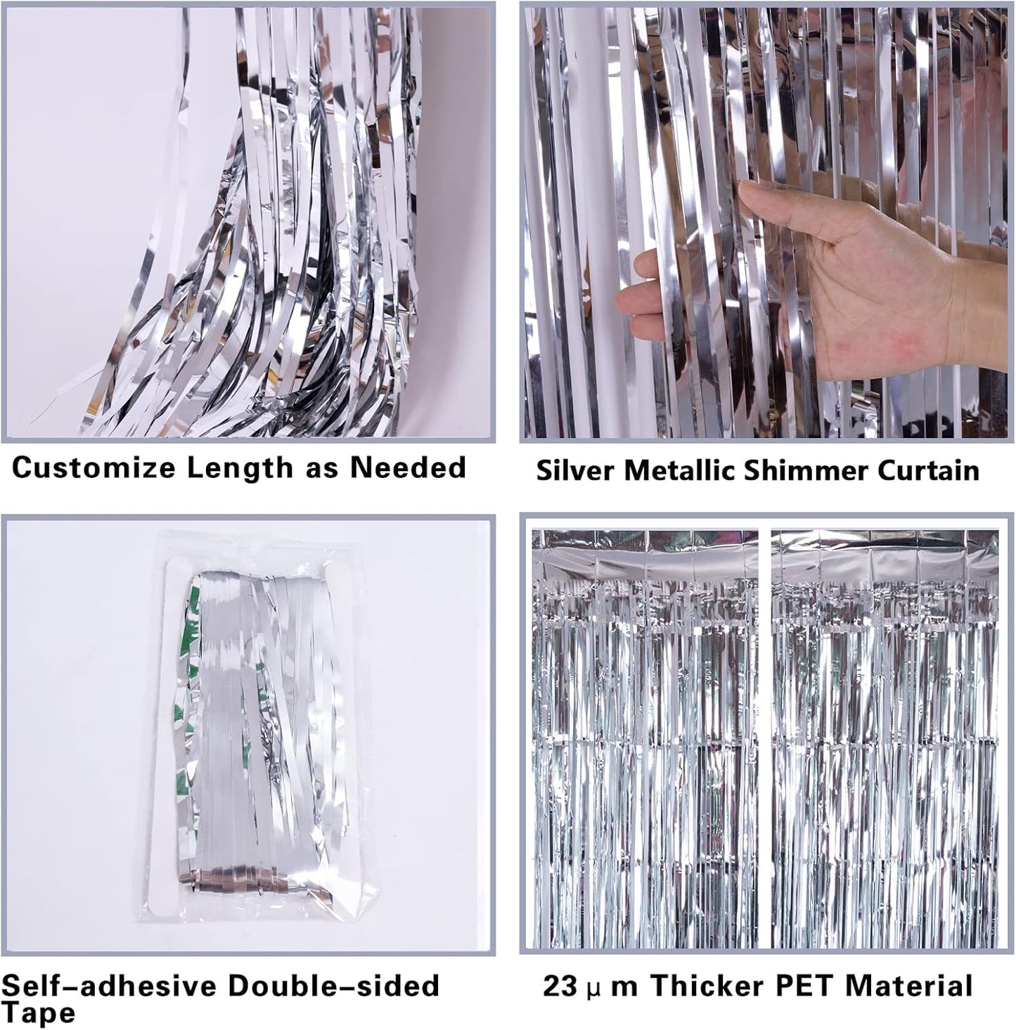 2 Pack 3.2ft x 8.2ft Silver Metallic Tinsel Foil Fringe Curtains, Door Streamer Photo Booth Backdrop for Birthday Graduation Engagement Bridal Shower Bachelorette Baby Shower Party Decorations