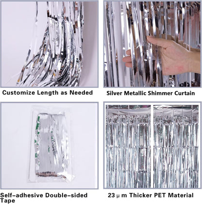 2 Pack 3.2ft x 8.2ft Silver Metallic Tinsel Foil Fringe Curtains, Door Streamer Photo Booth Backdrop for Birthday Graduation Engagement Bridal Shower Bachelorette Baby Shower Party Decorations