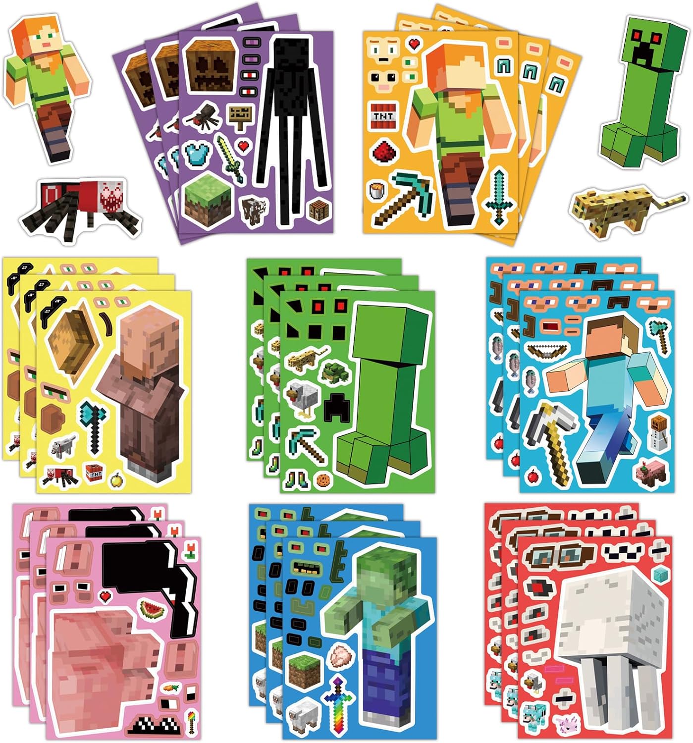 24 Sheets Cartoon Stickers, Mixed & Matched with 8 Designed Characters(3 of Each) Stickers, Cute Pixel Party Favors