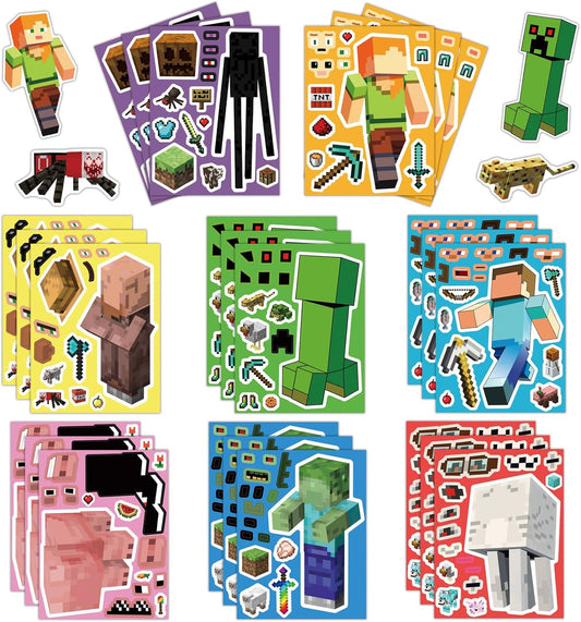 24 Sheets Cartoon Stickers, Mixed & Matched with 8 Designed Characters(3 of Each) Stickers, Cute Pixel Party Favors