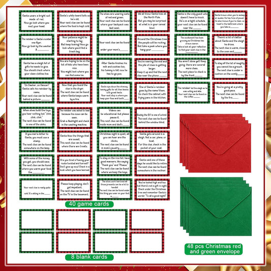 Geyoga 48 Set Funny Christmas Game Include 48 Pieces Treasure Hunt Clue Cards(8 Pcs Blank Card for DIY), 48 Pcs Red and Green Envelops for Christmas Indoor Outdoor Family Games