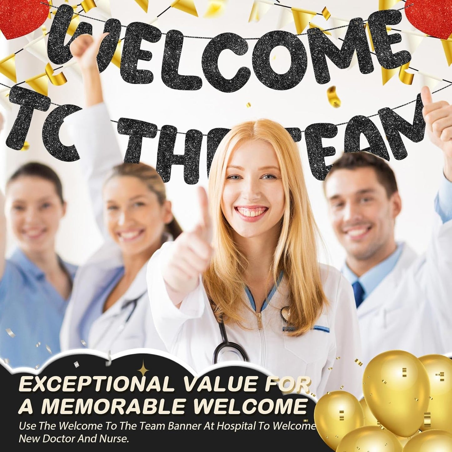 Fulmoon Pre Strung Welcome to The Team Banner with Two Heart Signs, NO DIY, Glitter Welcome Party Supplies for New Employee, Coworker, Colleague, Staff, Team Member Office Decorations(Champagne Gold)
