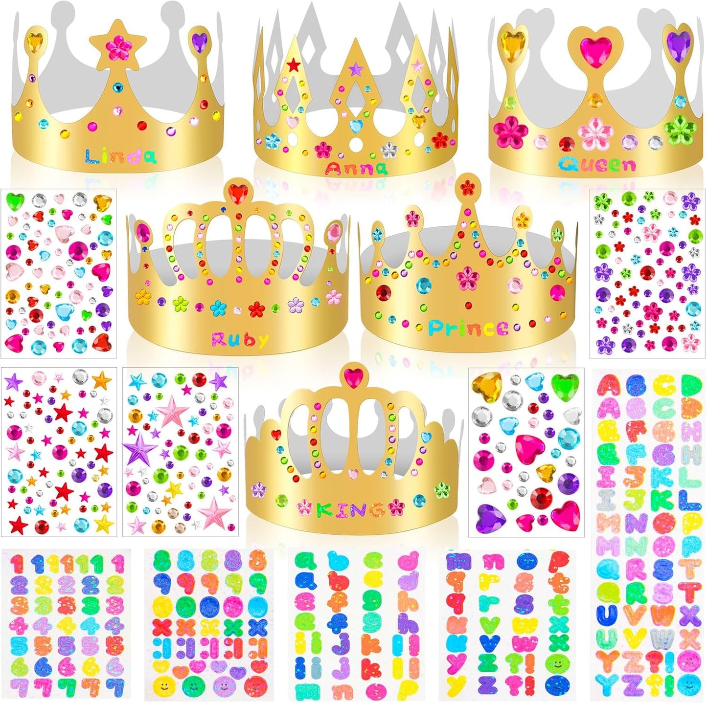 12 pcs Paper Crowns, Birthday Crowns Craft to Decorate with 8 Sheets Gem Jewels Number Letter Stickers, Gold Paper Prince Princess Hats for Party Favor Supplies