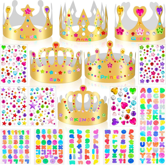 12 pcs Paper Crowns, Birthday Crowns Craft to Decorate with 8 Sheets Gem Jewels Number Letter Stickers, Gold Paper Prince Princess Hats for Party Favor Supplies