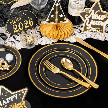 350 Pieces Black and Gold Plastic Plates with Disposable Silverware, Include 50 Dinner Plates 9”, 50 Dessert Plates 6.3”, 50 Black Cups 9 OZ, 50 Pre Rolled Napkins for Wedding Party Graduation