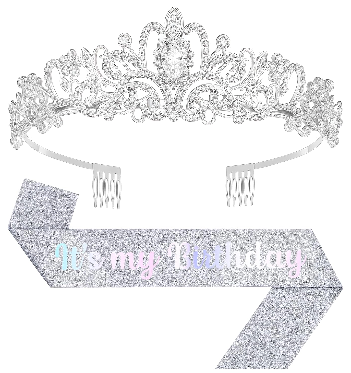 Birthday Tiara and Crown with Sash, Birthday Tiara for Women Party Silver