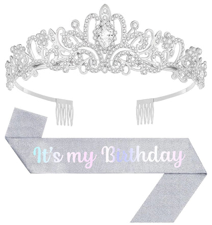 Birthday Tiara and Crown with Sash, Birthday Tiara for Women Party Silver