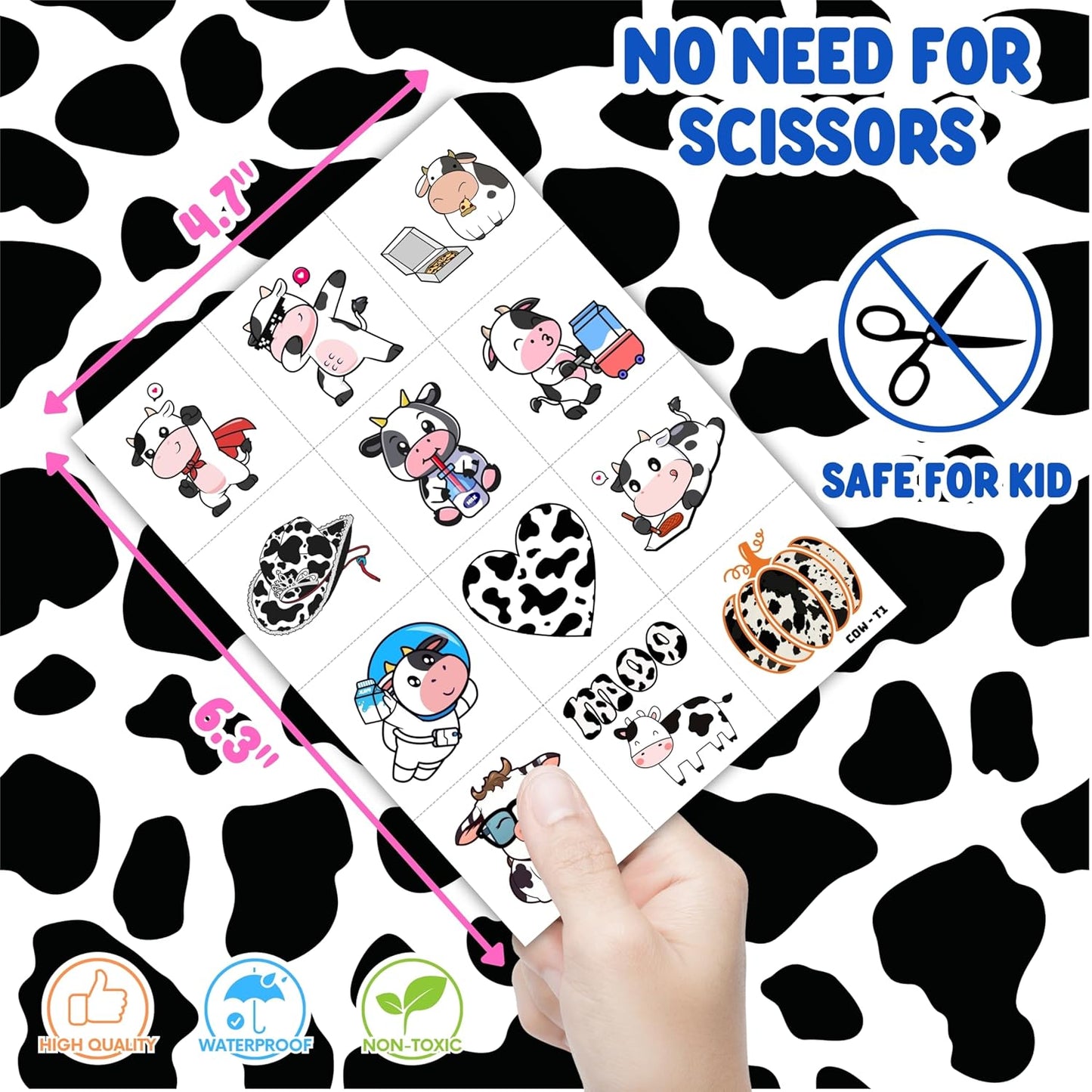 96PCS Cow Pre-Cut Temporary Tattoos for Kids - Farm Animal Birthday Party Supplies, Decorations, and Favors - Super Cute Milk Cow Sticker Gifts for Boys & Girls, Classroom Prizes, and Themed Events