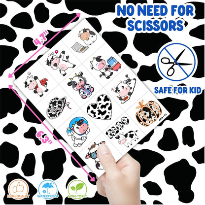 96PCS Cow Pre-Cut Temporary Tattoos for Kids - Farm Animal Birthday Party Supplies, Decorations, and Favors - Super Cute Milk Cow Sticker Gifts for Boys & Girls, Classroom Prizes, and Themed Events