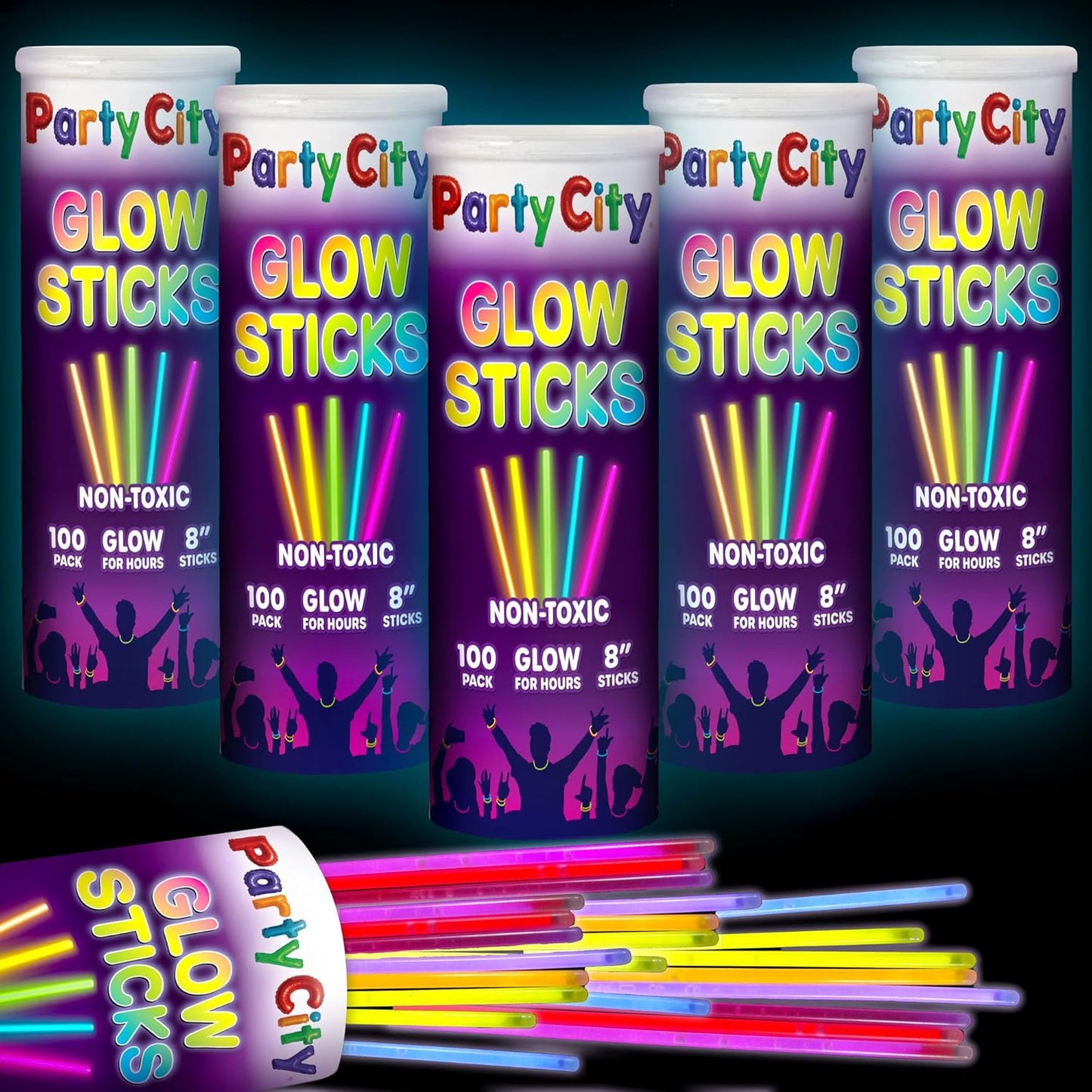 Party City 100 Glow Sticks Bulk Party Pack 8”– Neon Glow in the Dark Party Supplies, Glowsticks with Connectors Bracelets & Necklaces, Light Up Favors for Kids, Adults, Birthdays, Parties, Decorations
