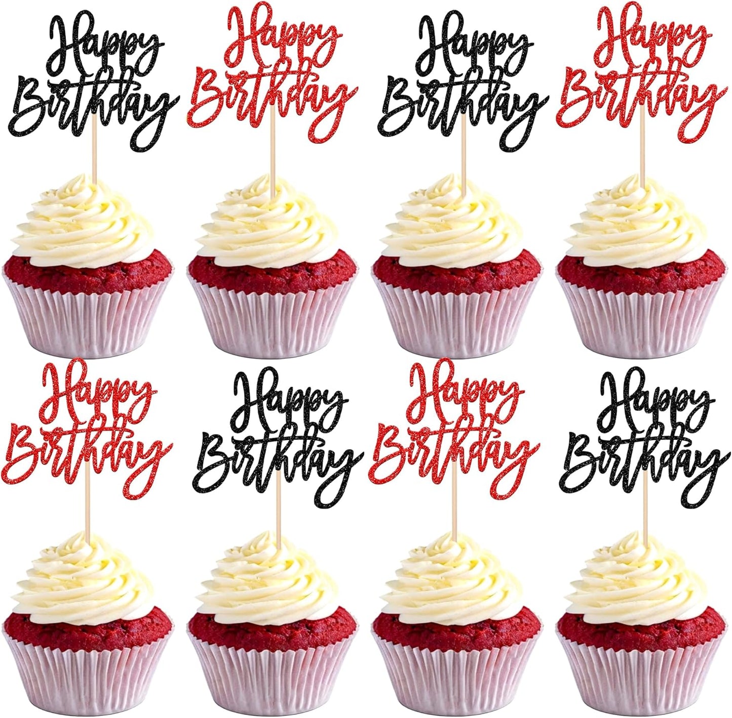 24 PCS Happy Birthday Cupcake Toppers Glitter Picks for Celebrating Anniversary Theme Party Cake Decorations Supplies Gold