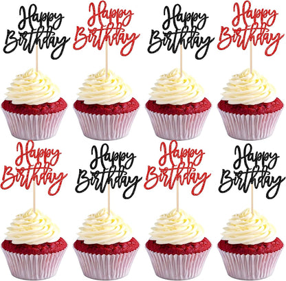 24 PCS Happy Birthday Cupcake Toppers Glitter Picks for Celebrating Anniversary Theme Party Cake Decorations Supplies Gold