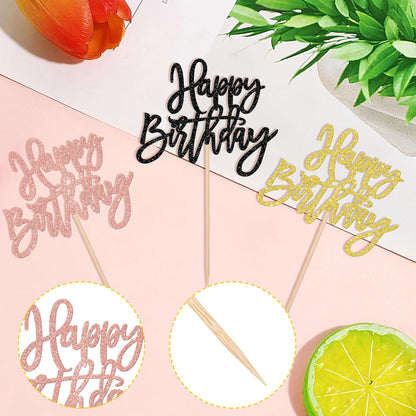 24 PCS Happy Birthday Cupcake Toppers Glitter Picks for Celebrating Anniversary Theme Party Cake Decorations Supplies Gold