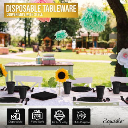 350 Pcs Black Plastic Plates For Party, Black Disposable Plates Set, 50 Of Each 9" Dinner Plate Set, 7" Dessert Plate, Cups, Napkins & Cutlery Plastic Dinnerware Set Exquisite