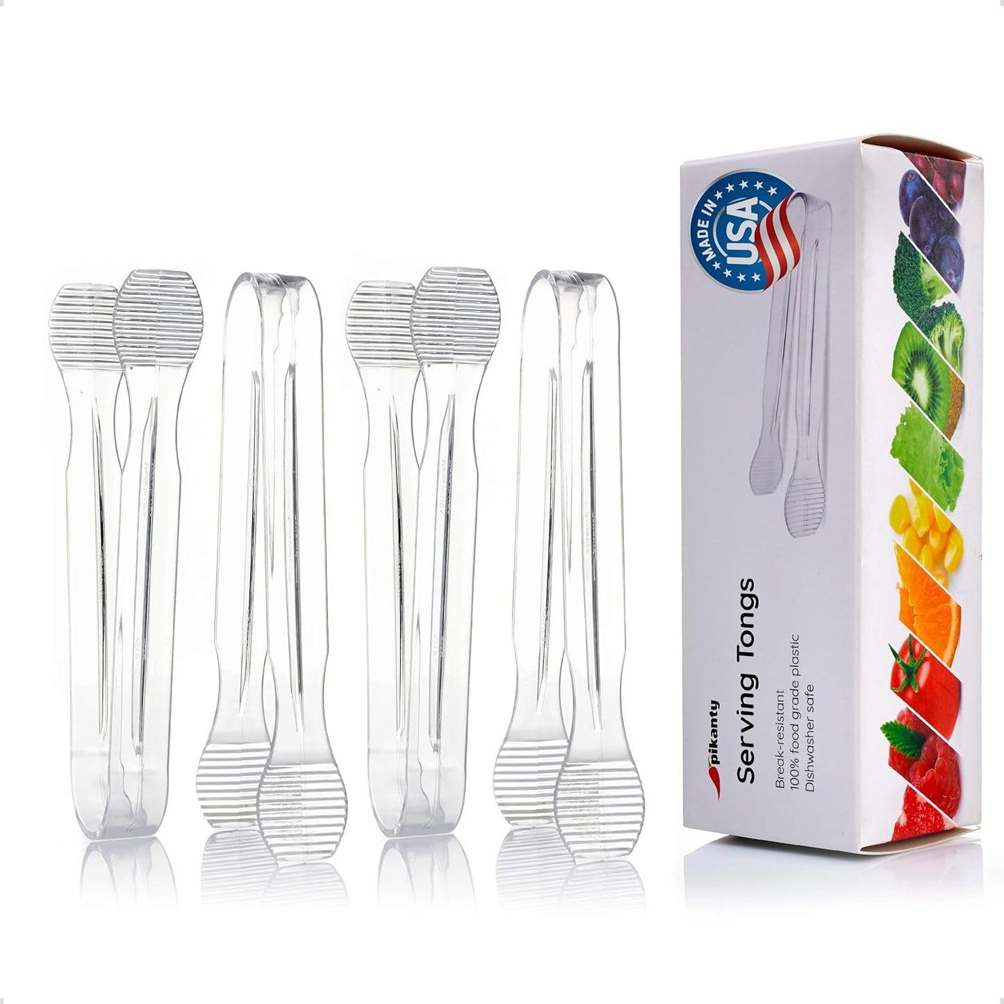 Mini Clear Serving Tongs Set of 4 - Small Plastic Appetizer Tongs for Charcuterie, Buffet, Weddings, Catering, Dessert, Sugar, Pastries and Ice, Dishwasher Safe, Reusable, Made in USA by Pikanty