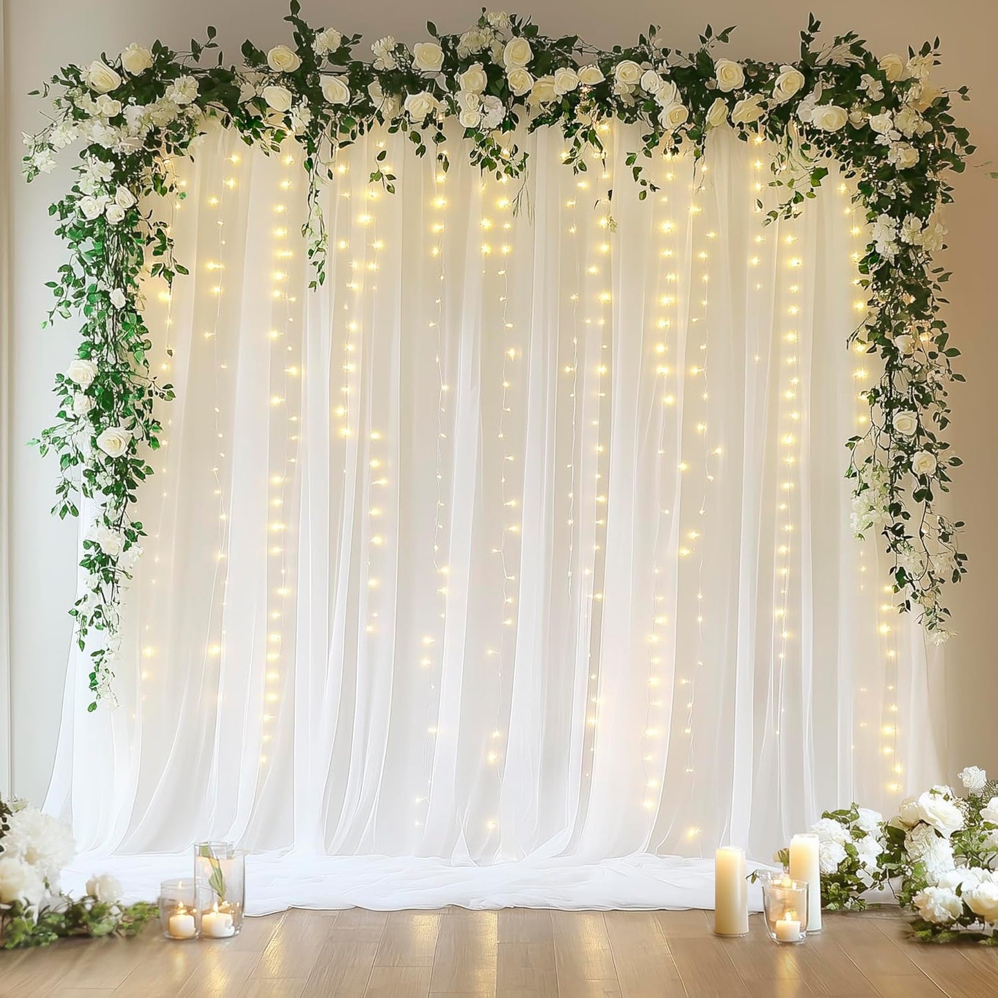 Fomcet Tulle Backdrop Curtains with Lights String White 10FT X 8FT Sheer Curtain with Lights Tulle Curtains Backdrop for Wedding Birthday Party Baby Shower Photo Shoot (2 Panels 5x8FT)