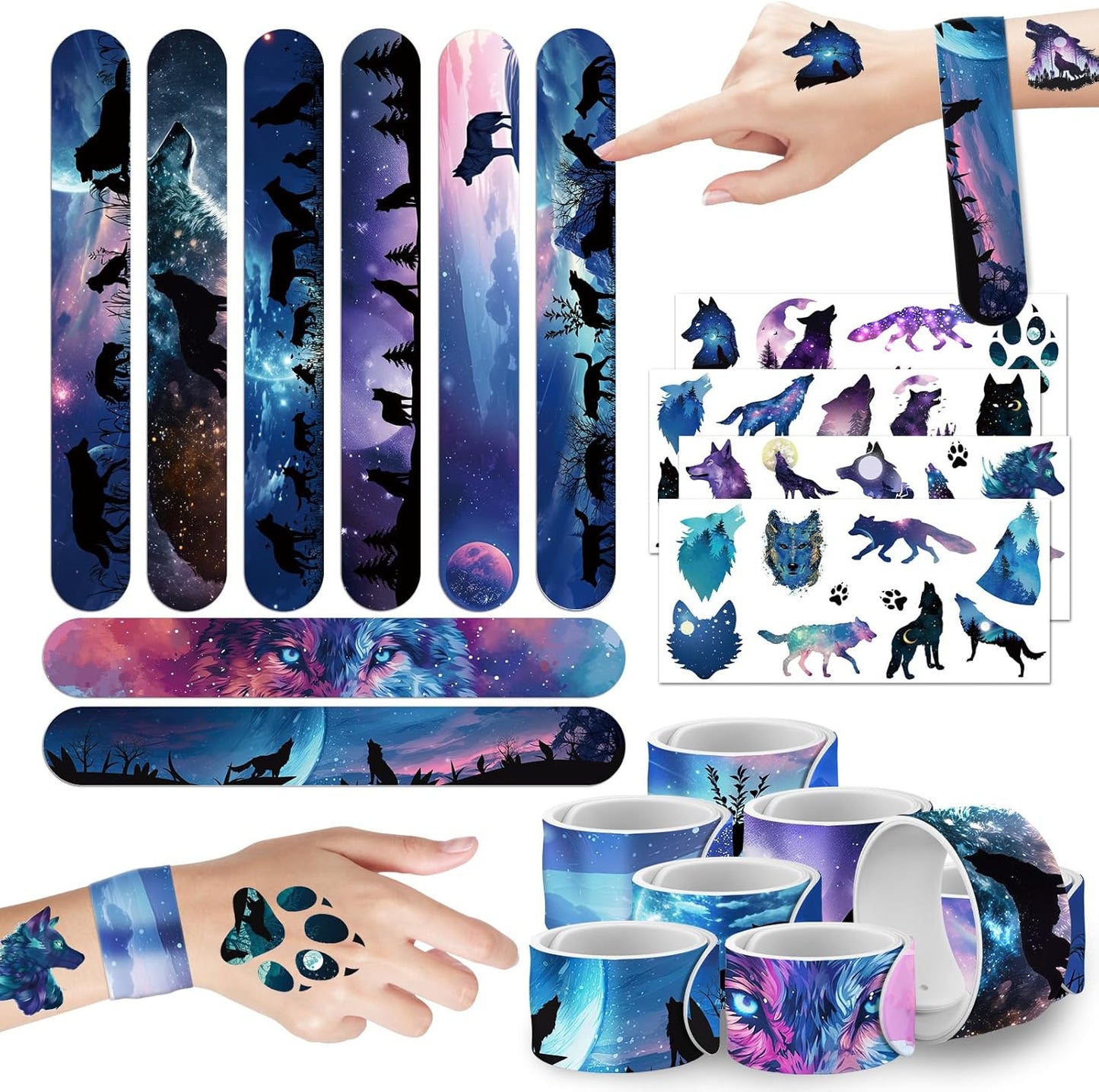 Wolf Party Favors Supplies, 32PCS Slap Bracelets 8PCS Temporary Tattoos Sticker, Wolf and Moon Birthday Party Baby Shower Decorations for Kids