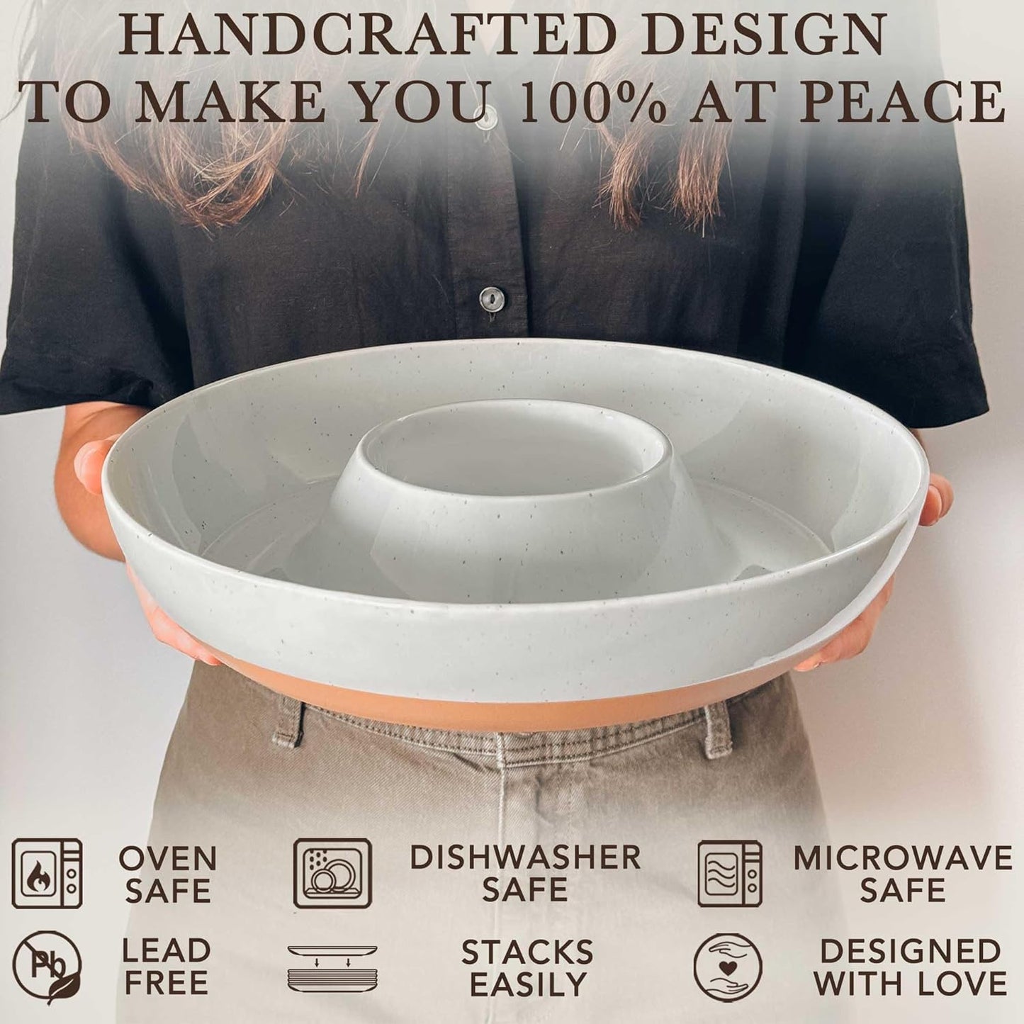 Mora Ceramic Chips and Dip Serving Tray: Large Divided Party Bowl Set for Chips & Salsa, Veggies & Dip, Fruit, Snacks, Entertaining, Hosting, etc. Minimalist Design for the Modern Hostess - White
