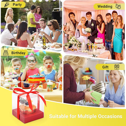 EUSOAR Individual Cupcake Holder, 50pcs 3.5 Inch Plastic Black Cupcake Containers with Lids, Single Transparent Display Clear Cupcake Carrier with Ribbon and Inserts for Wedding Party Favor