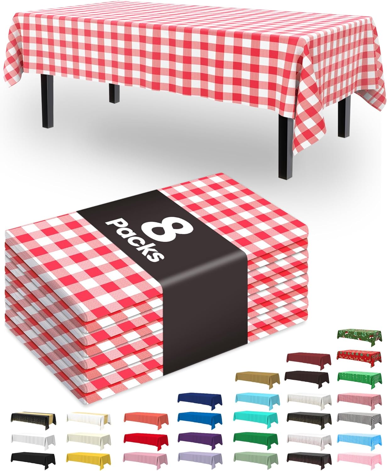 Pureegg Plastic Table Cloth Disposable 8 Pack, 54 x 108 Inch Table Cloths, Party, Picnic, Wedding, Decorative Tablecloths, Rectangle, White Plastic Cover, Leakproof & Sturdy, White