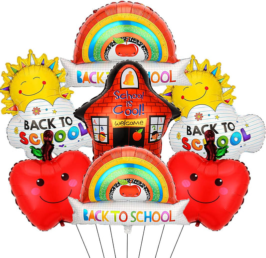 10 PCS Welcome Back To School Balloons, Colorful House Sun, Rainbow, Apples Balloons, "ABC" Letter, 123 Number Balloons For Back To School Decorations, Kindergarten Classroom Party Decorations