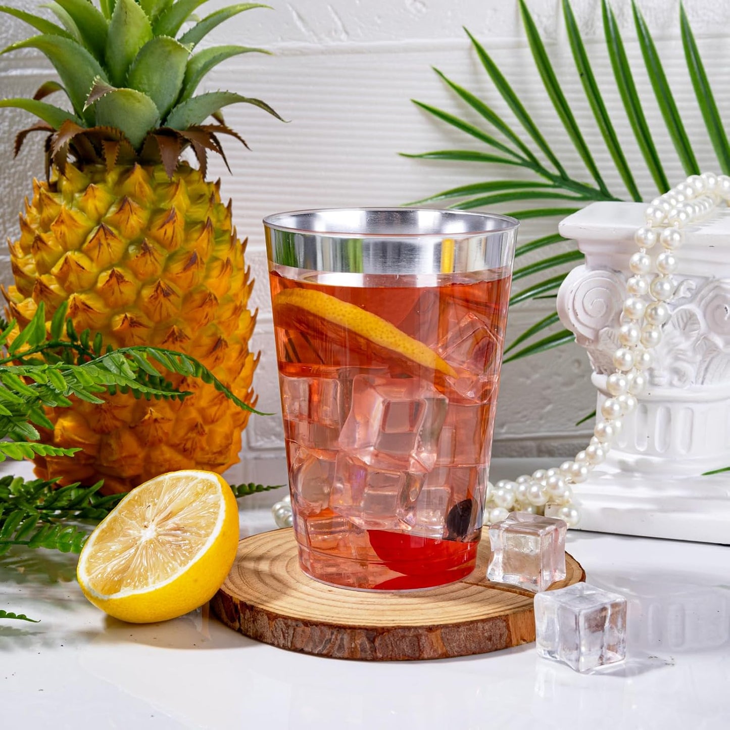 I00000 100 Pack 12 oz Gold Plastic Cups, Gold Rimmed Disposable Cups, Disposable Wine Glasses Cocktail Glasses Premium Cup with Golden Rim, 12 Ounce Plastic Tumblers for Party & Wedding