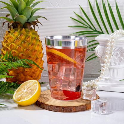 I00000 100 Pack 12 oz Gold Plastic Cups, Gold Rimmed Disposable Cups, Disposable Wine Glasses Cocktail Glasses Premium Cup with Golden Rim, 12 Ounce Plastic Tumblers for Party & Wedding