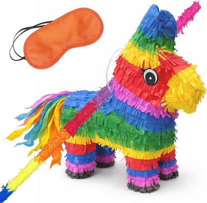 GIFTEXPRESS 16" Rainbow Donkey Pinata- Benito the Donkey - with Full-Size 33" Pinata Stick and Blindfold- Mexican Theme Party Decoration for Birthdays, Fiestas & Cinco de Mayo - Kids Party Favors
