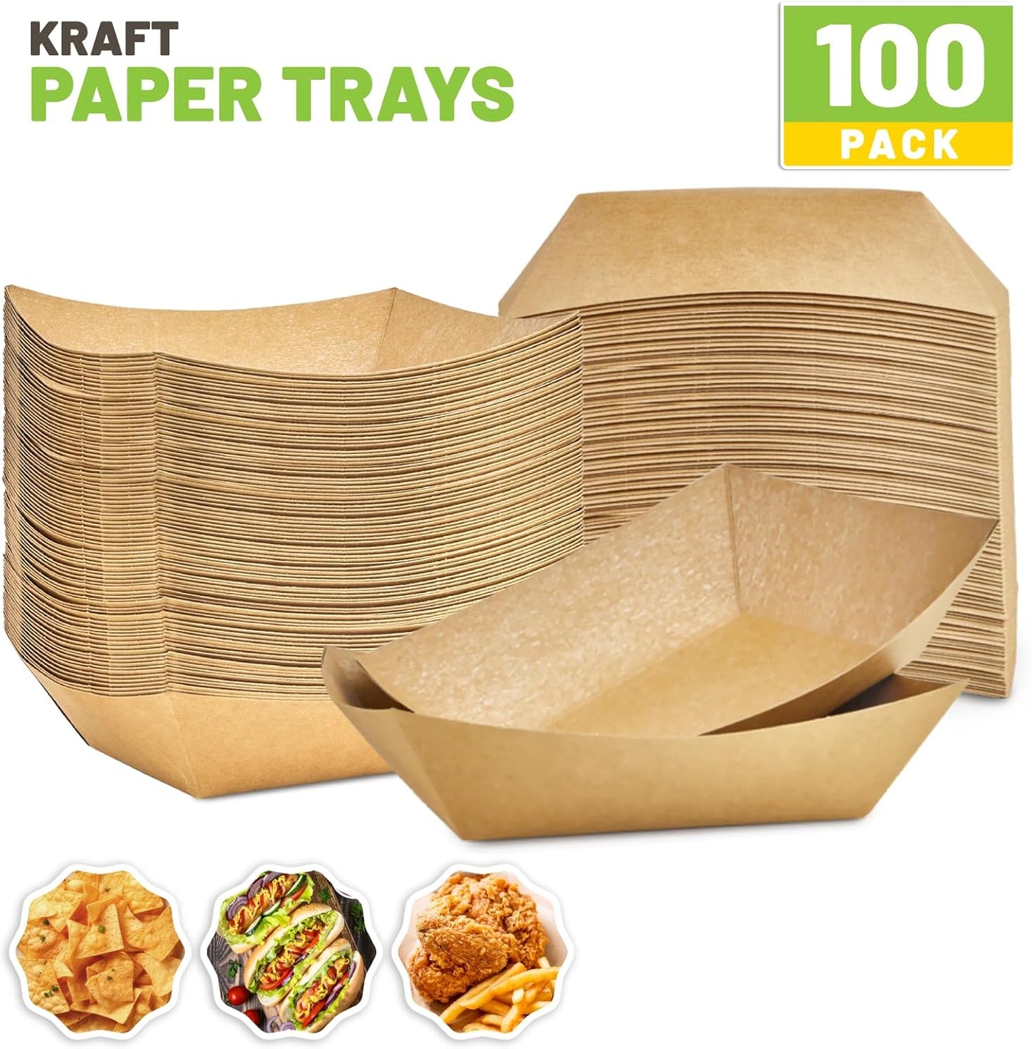 ZORRITA 3 Lb Paper Food Trays - 50 Pack Disposable Nacho Trays, Kraft Paper Food Boats Taco Holders Party Serving Baskets for Hot Dogs Snacks Tacos Fries