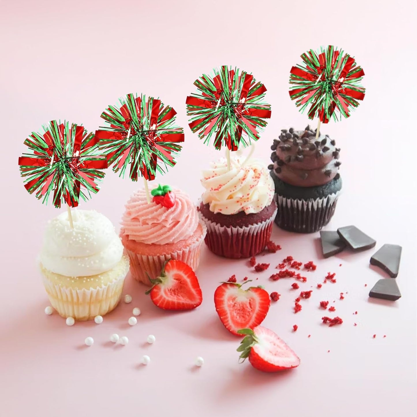Ephlyn 30Pcs Foil Firework Cupcake Toppers Sparkle Tinsel Cupcake Picks Drink Stirrers Cocktail Food Fruit Toothpicks for Baby Shower Graduation Party Supplies White