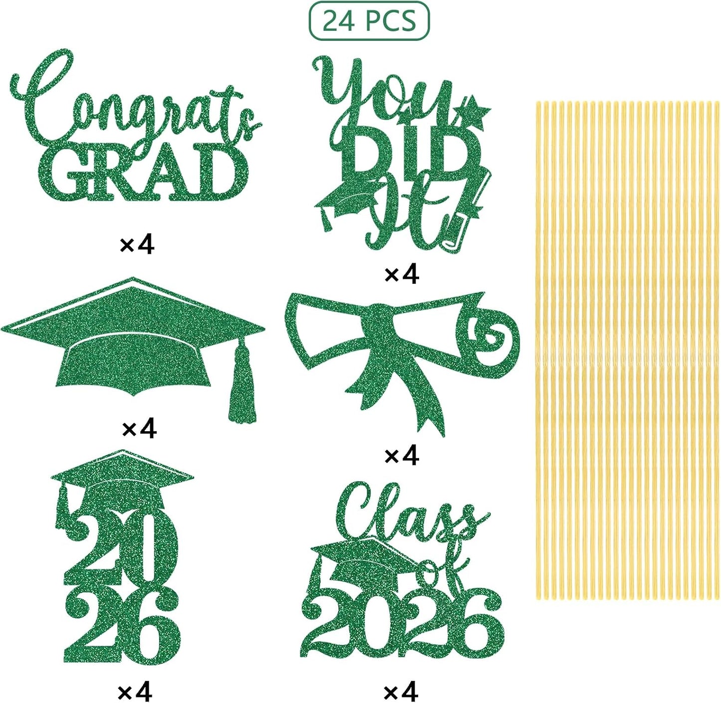 Graduation Centerpiece Sticks 24PCS Glitter Grad Picks Party Table Decor Senior High School College Sign Gold