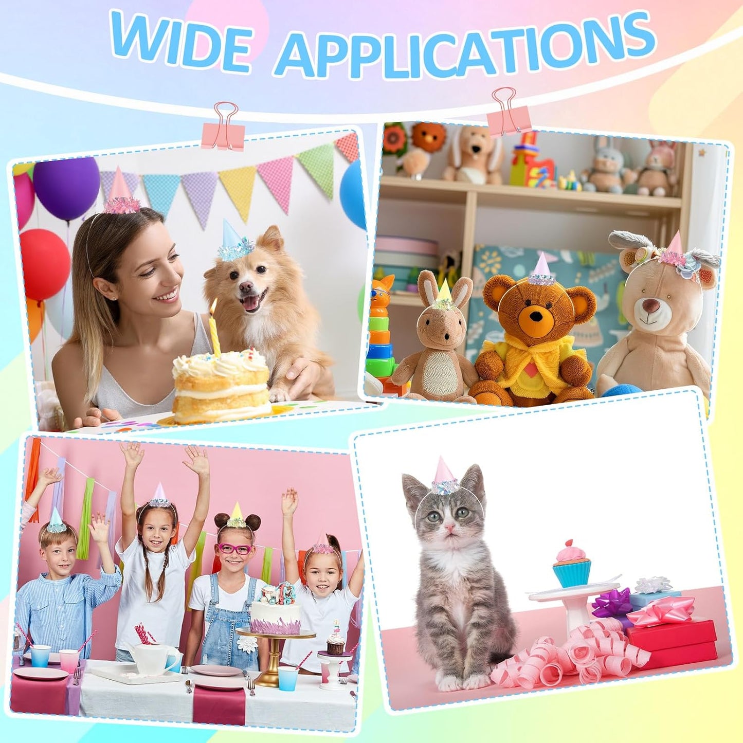 24 Pcs Iridescent Foil Pastel Mini Party Hats for Dog Cat Birthday Party Supplies Pastel Rainbow Small Puppy Birthday Hats Colorful Paper Cone Caps for Dolls Animals Pets Grooming Costume Accessories