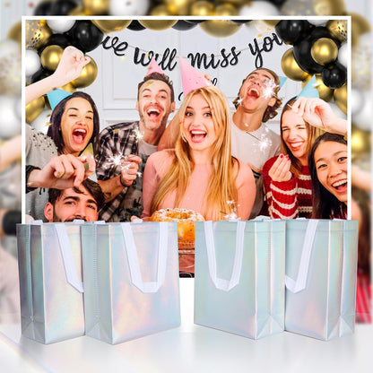 DELICAT 15 Pcs Iridescent Glossy Gift Bags with Handles 8x4x10 Inch，Holographic Reusable Gift Bags Medium Size & Sturdy Base, Holiday Goodie Bag suitable for Birthday，Party Favors，Wedding，Baby Shower