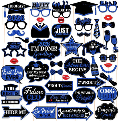 46Pcs Blue Gold Graduation Photo Booth Props 2026 Graduation Decorations with Sticks Class of 2026 Grad Party Favors Supplies for High School & College