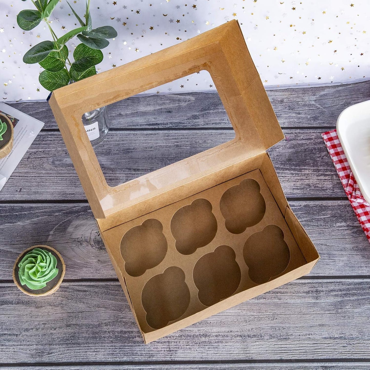 ONE MORE Cupcake Boxes with Inserts 6 Holders,9.5x6.3x3inch Large Brown Kraft Standard Bakery Boxes with Window Food Grade Cake Carrier Container for Muffins Gift Treat Box Bulk,Pack of 15