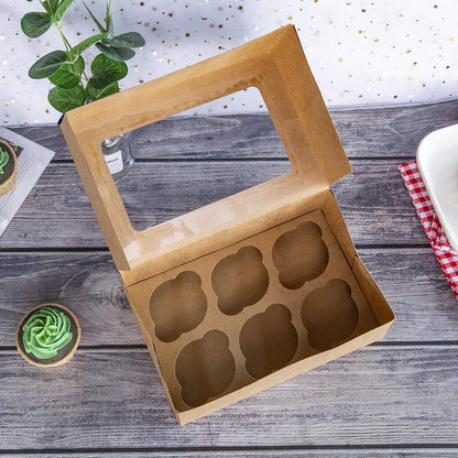 ONE MORE Cupcake Boxes with Inserts 6 Holders,9.5x6.3x3inch Large Brown Kraft Standard Bakery Boxes with Window Food Grade Cake Carrier Container for Muffins Gift Treat Box Bulk,Pack of 15